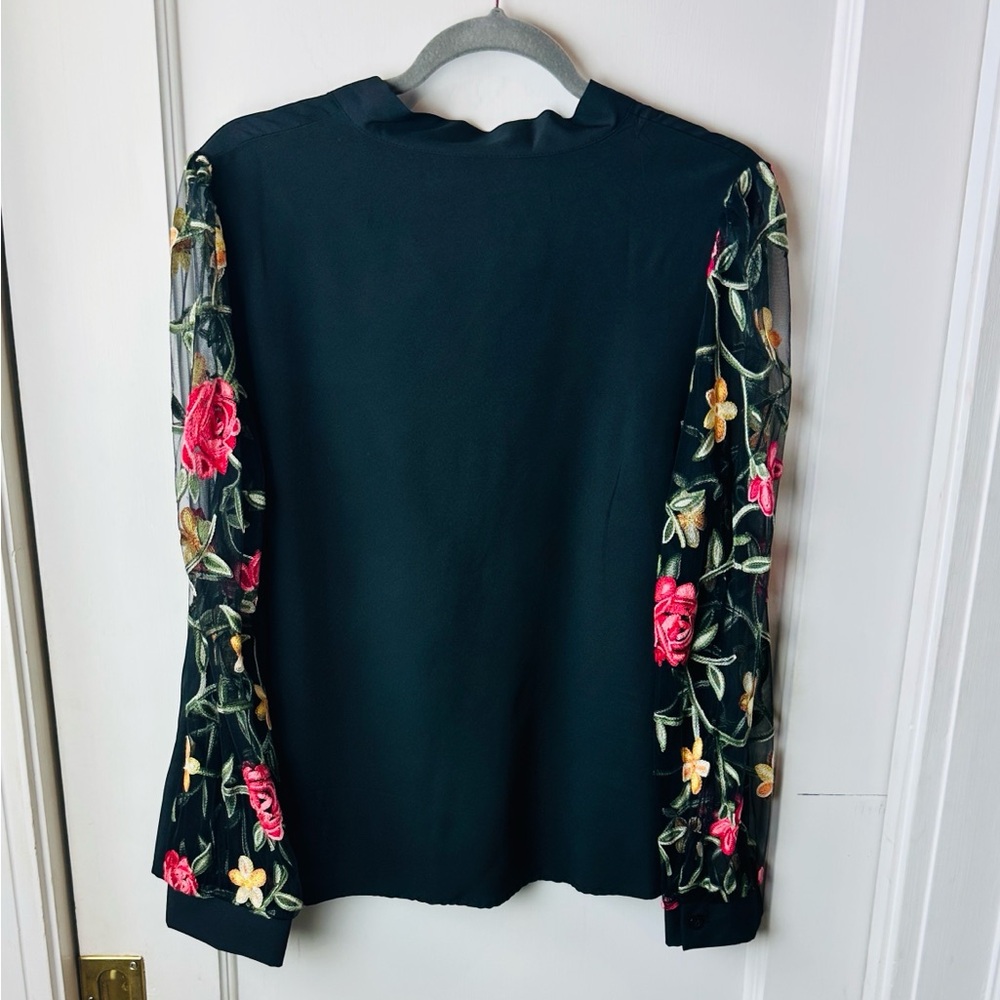 Stunning Floral Embroidered Black Blouse with Sheer Floral Detail on Sleeves